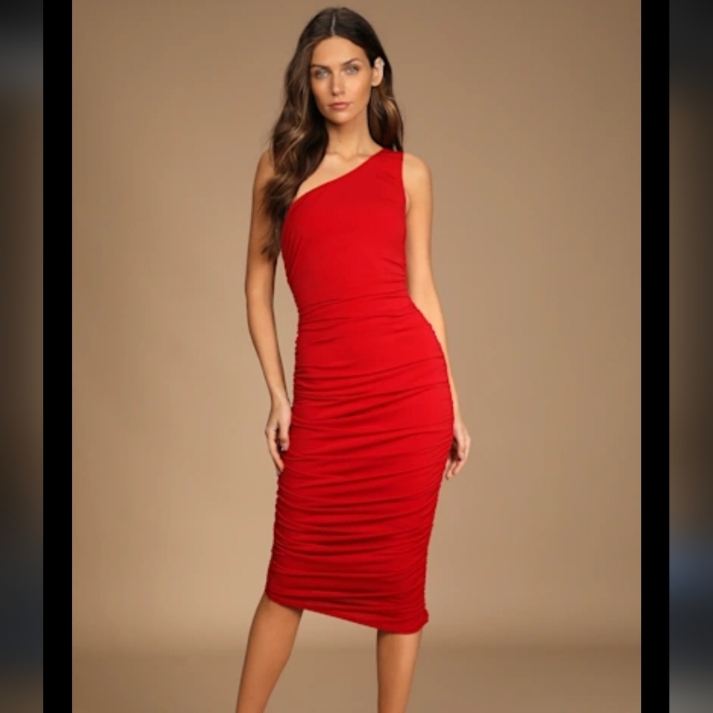 Lulu's One-Shoulder Red Ruched Midi Dress
